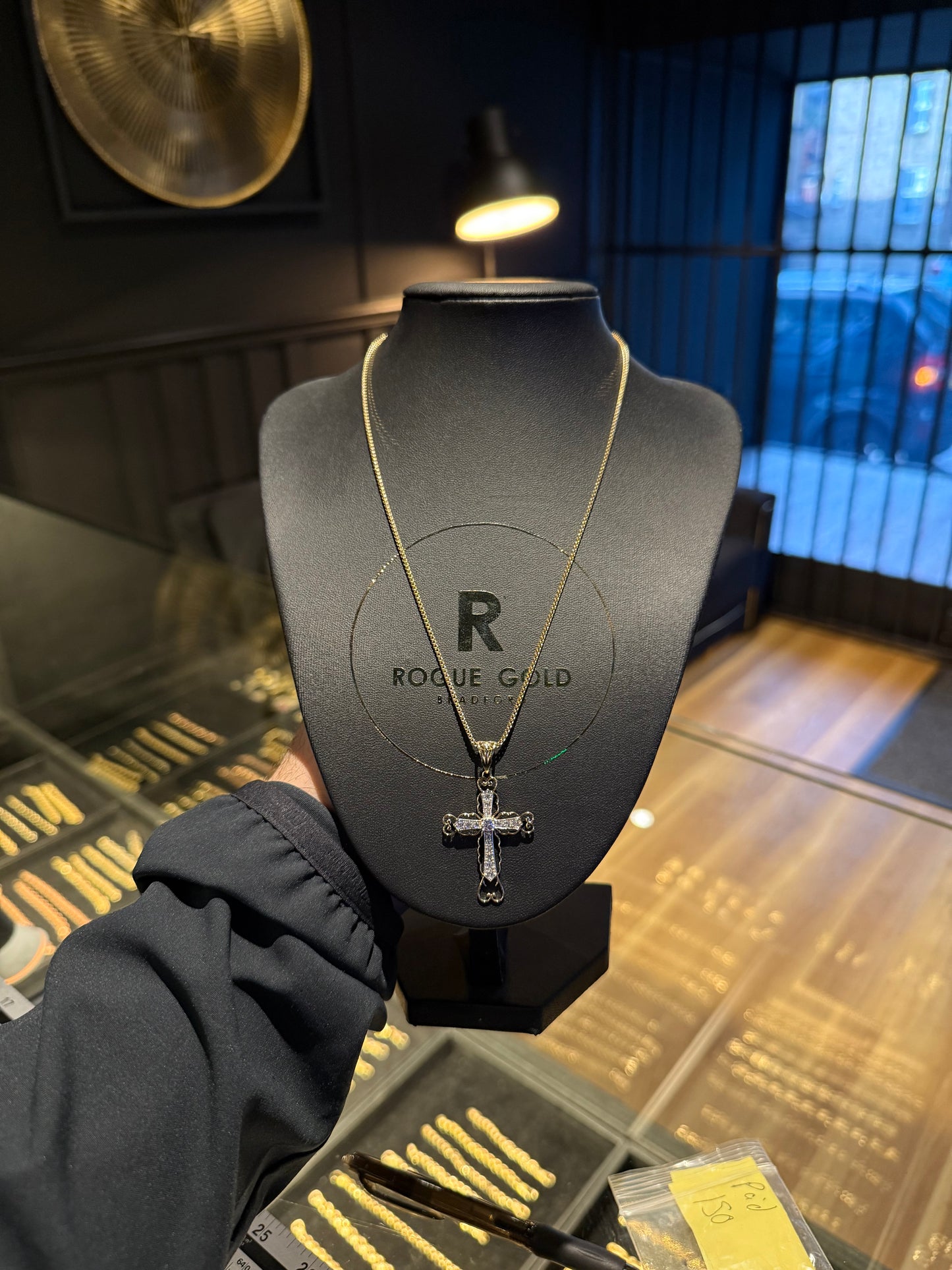 9CT GOLD FILIGREE CROSS + FRANCO SET - 50mm Cross